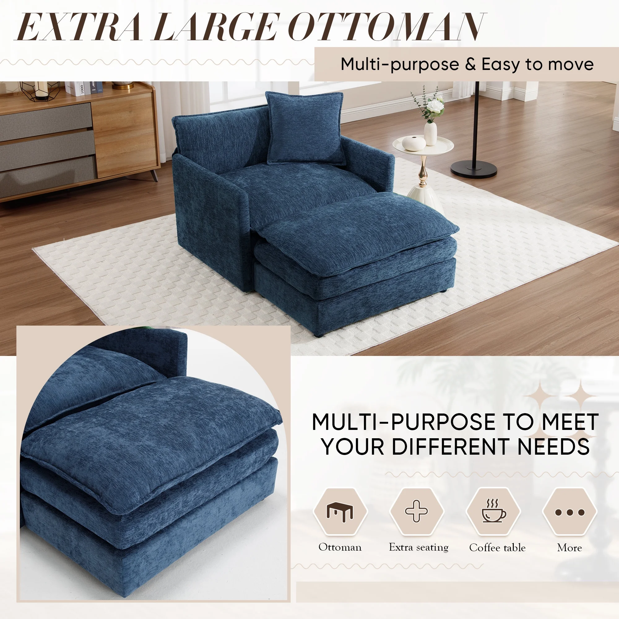 Muumblus Oversized Lounge Chair with Ottoman, Cloud Accent Armchair for Living Room, Beige Chenille - Image 41