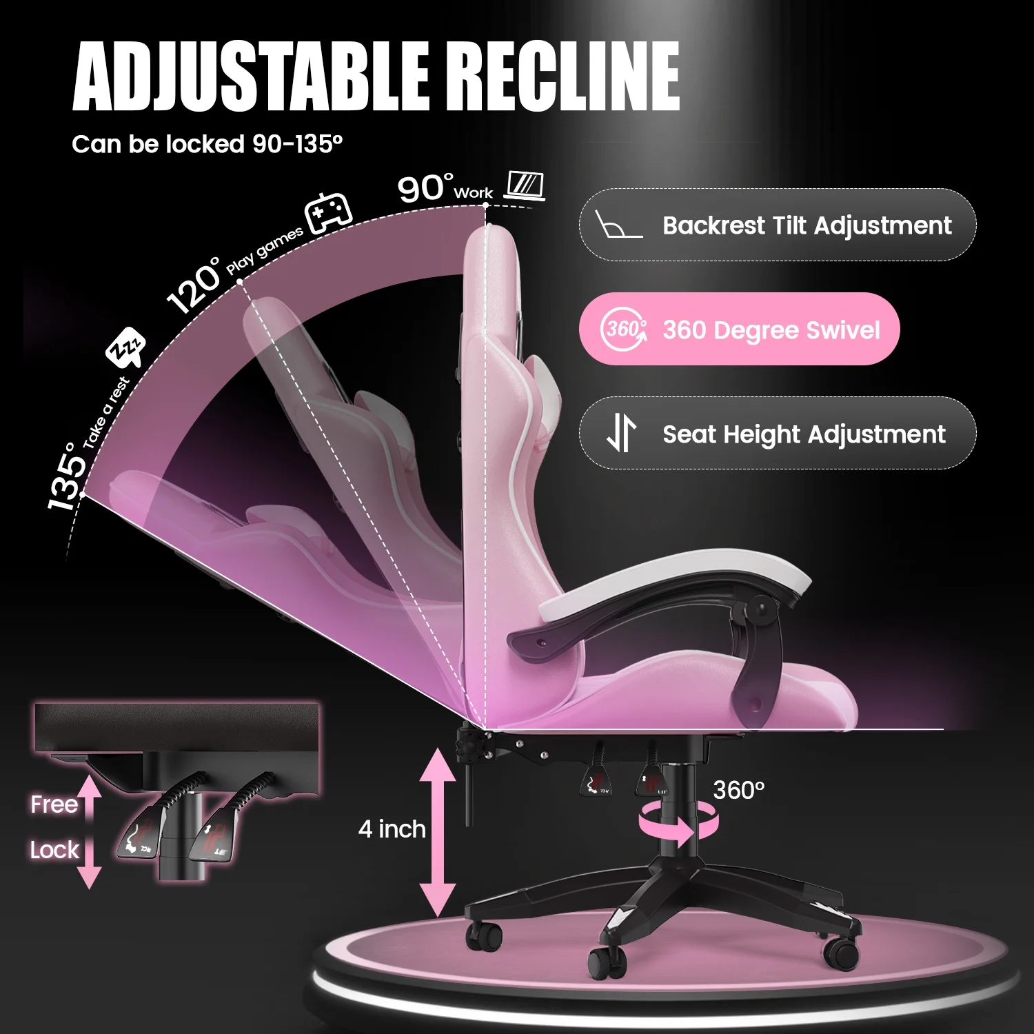 Bigzzia Gaming Chair Office Chair, Ergonomic Game Chair with Height Adjustable Headrest and Lumbar Support for Adults Teens, Black & White - Image 61