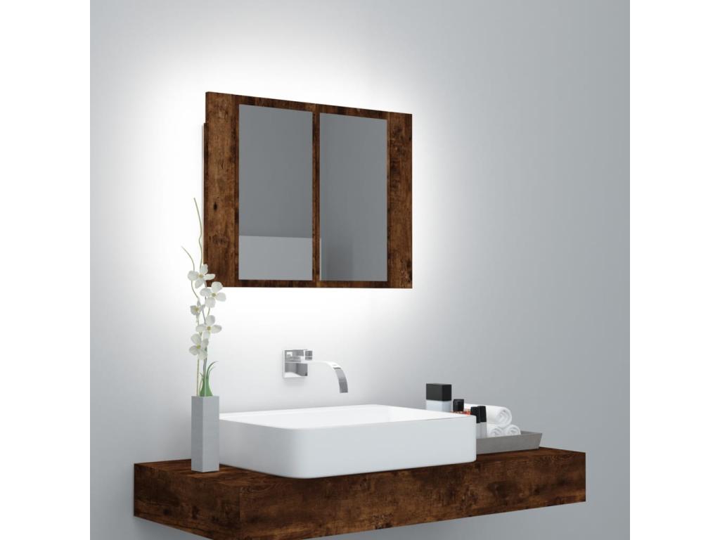 Armario con espejo LED madera roble ahumado 60x12x45 cm