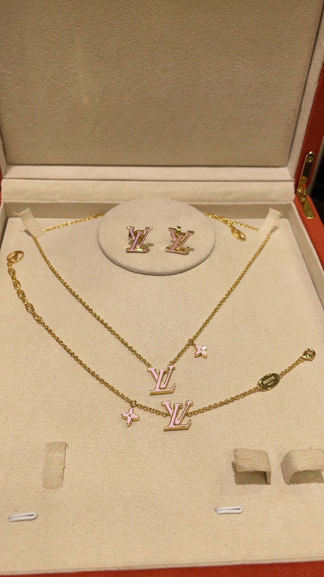 Louis Vuitton Pink LV Letters Earrings Bracelet Necklace - Original Replica Club
