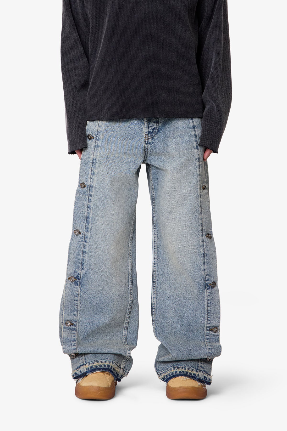 Ultra Baggy Offset Button Denim - Medium Blue