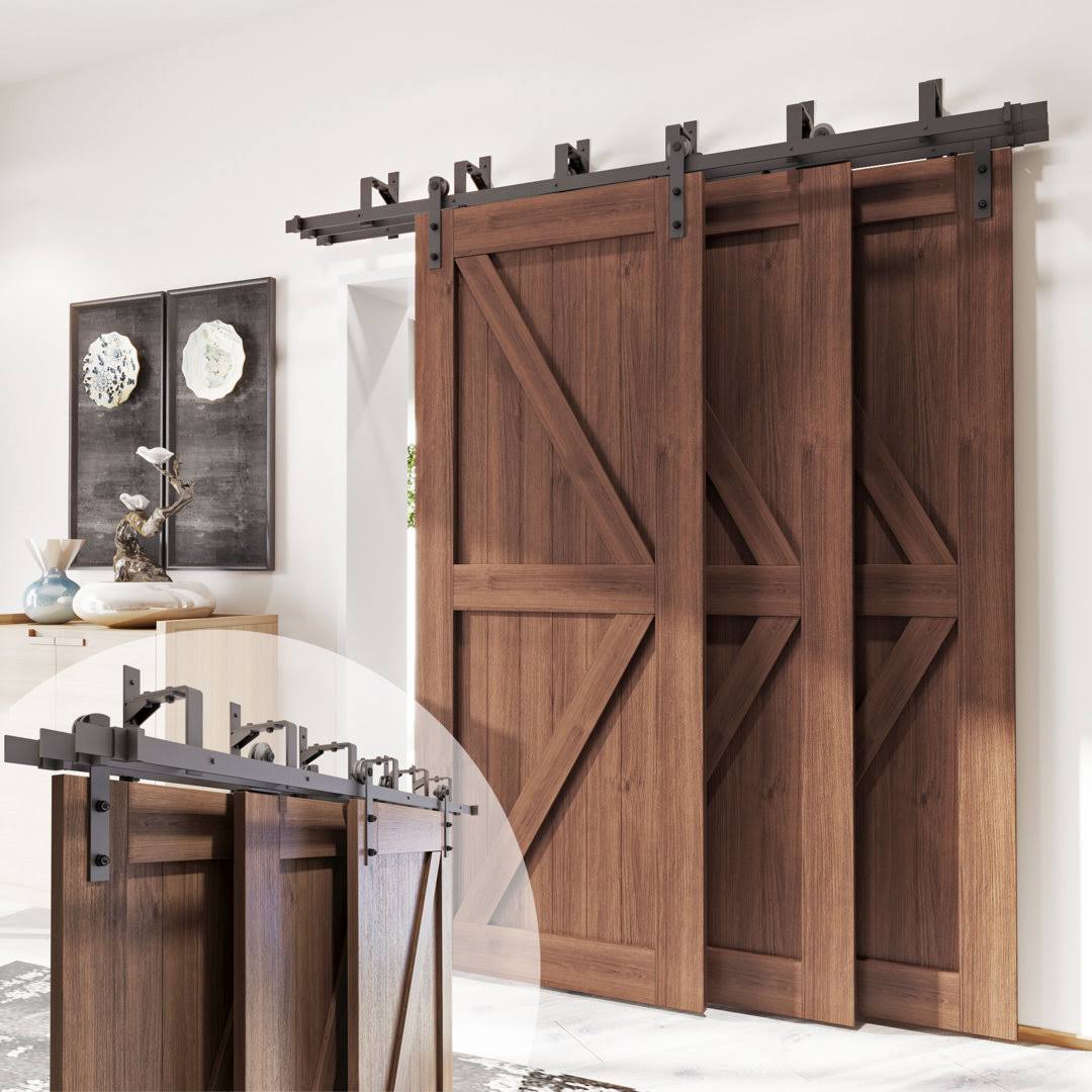 Triple Track Bypass Barn Door Hardware Kit Homacer Track Length: 120 in.(120 in)
