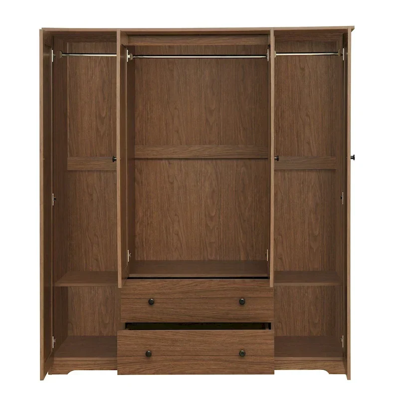 Freestanding 4-Door Wardrobe Armoire with 2 Drawers and Hanging Rods for Clothes Storage