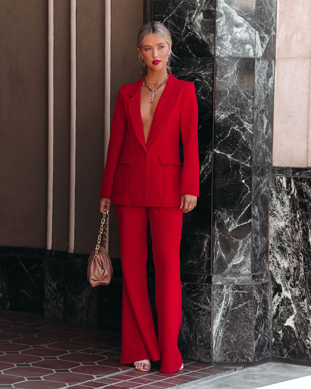 Runway Pocketed Belted Flare Trousers - Red - Se7enfashion