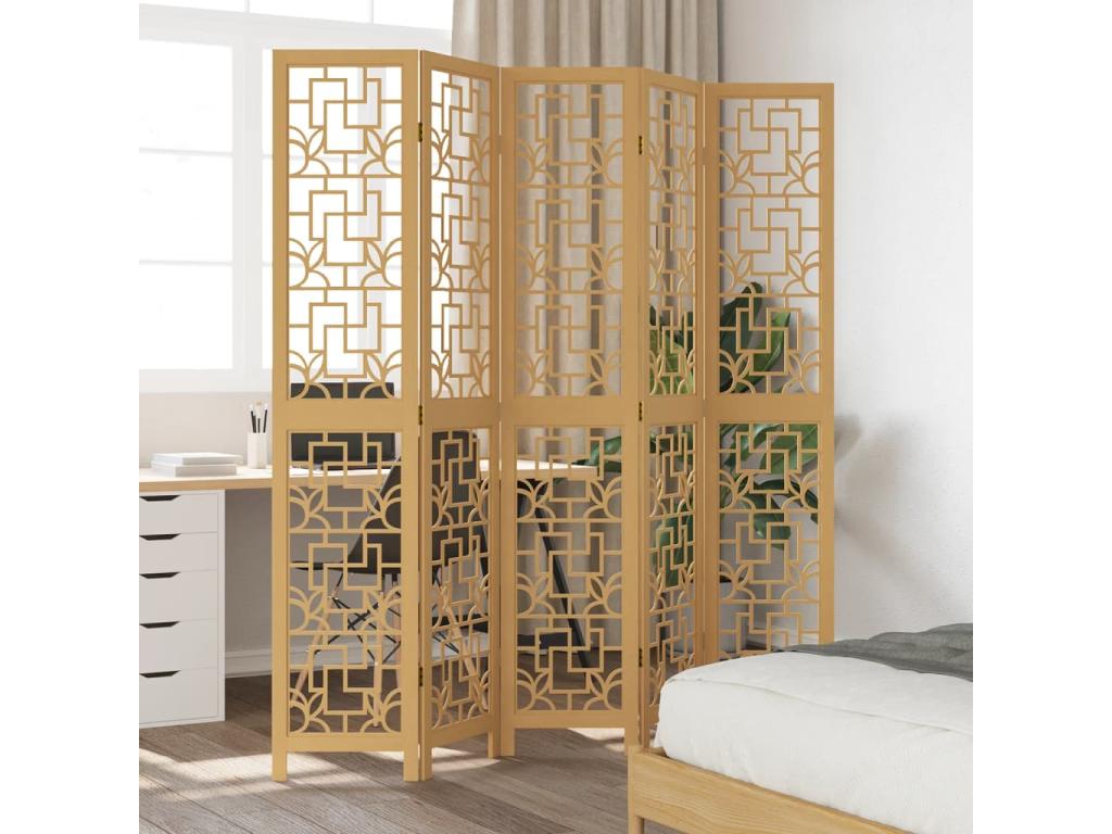 Biombo separador de 5 paneles madera maciza paulownia marrÃ³n
