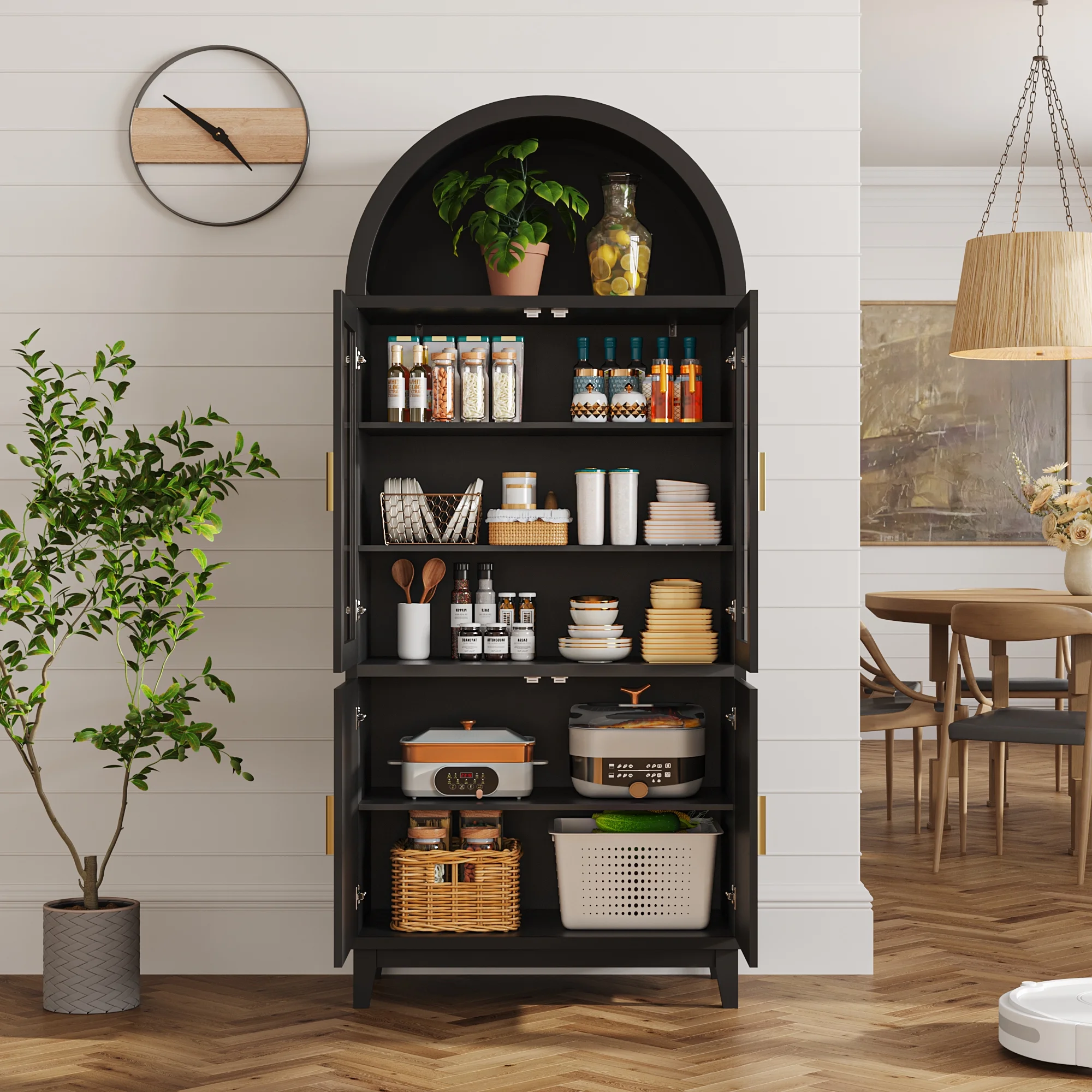 VEANERWOOD 71" Tall Arch Cabinet, Wood Fluted Kitchen Kitchen Storage Cabinet with 4 Doors and 6 Shelves for Dining Room Living Room - Image 4