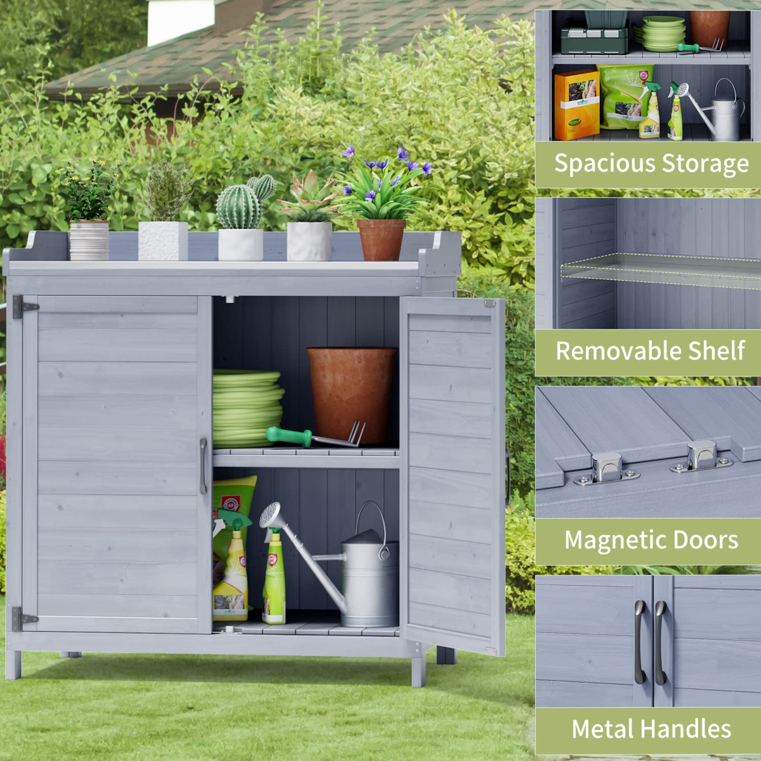 Lofka Outdoor Storage Cabinet, Outdoor Potting Bench Table with Removable Shelves for Yard, Garden, Waterproof Wood - Image 19
