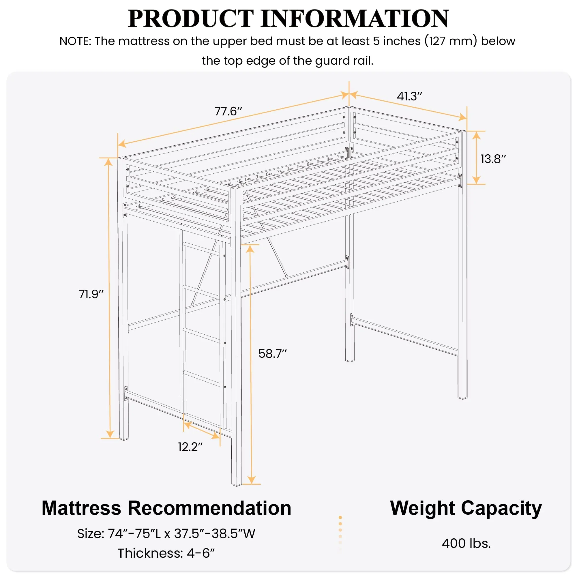 SHA CERLIN Junior Loft Bed Twin Size Heavy Duty Twin Bed Frame