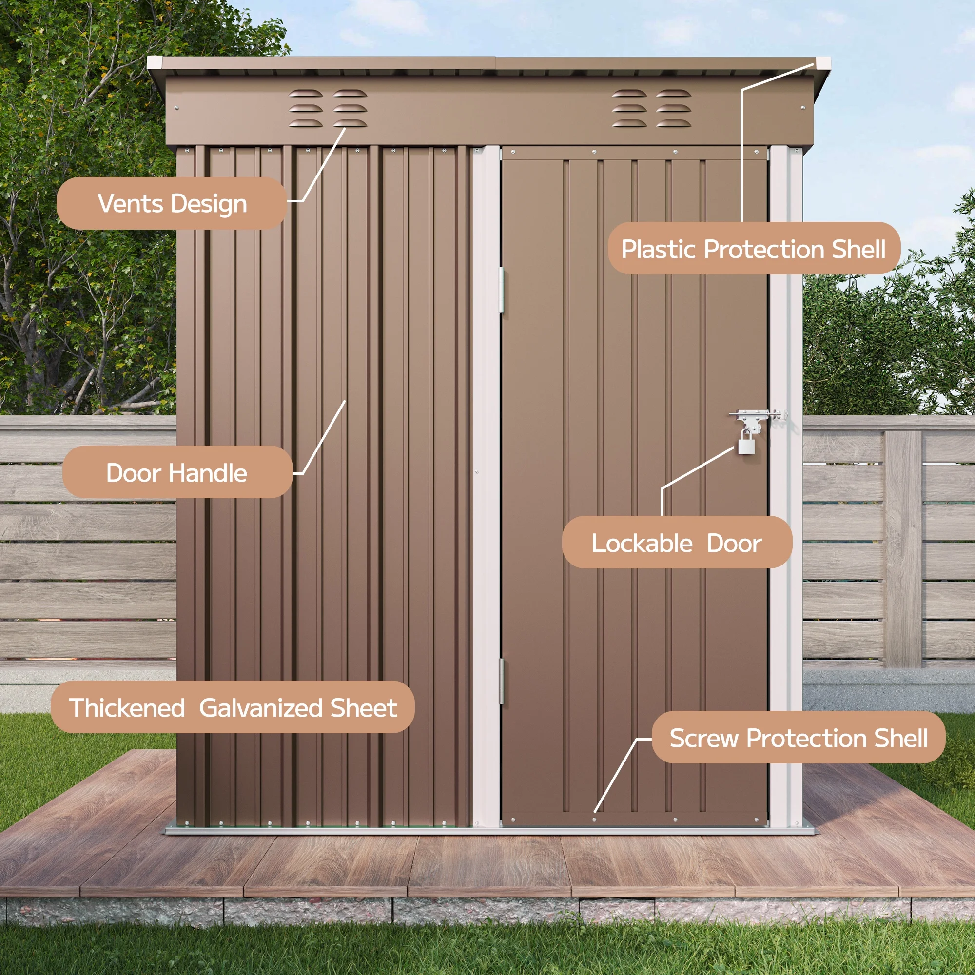 5'x3' Outdoor Storage Shed, Asofer Shed and Outdoor Storage Clearance, Weatherproof Tool Shed, Brown - Image 11