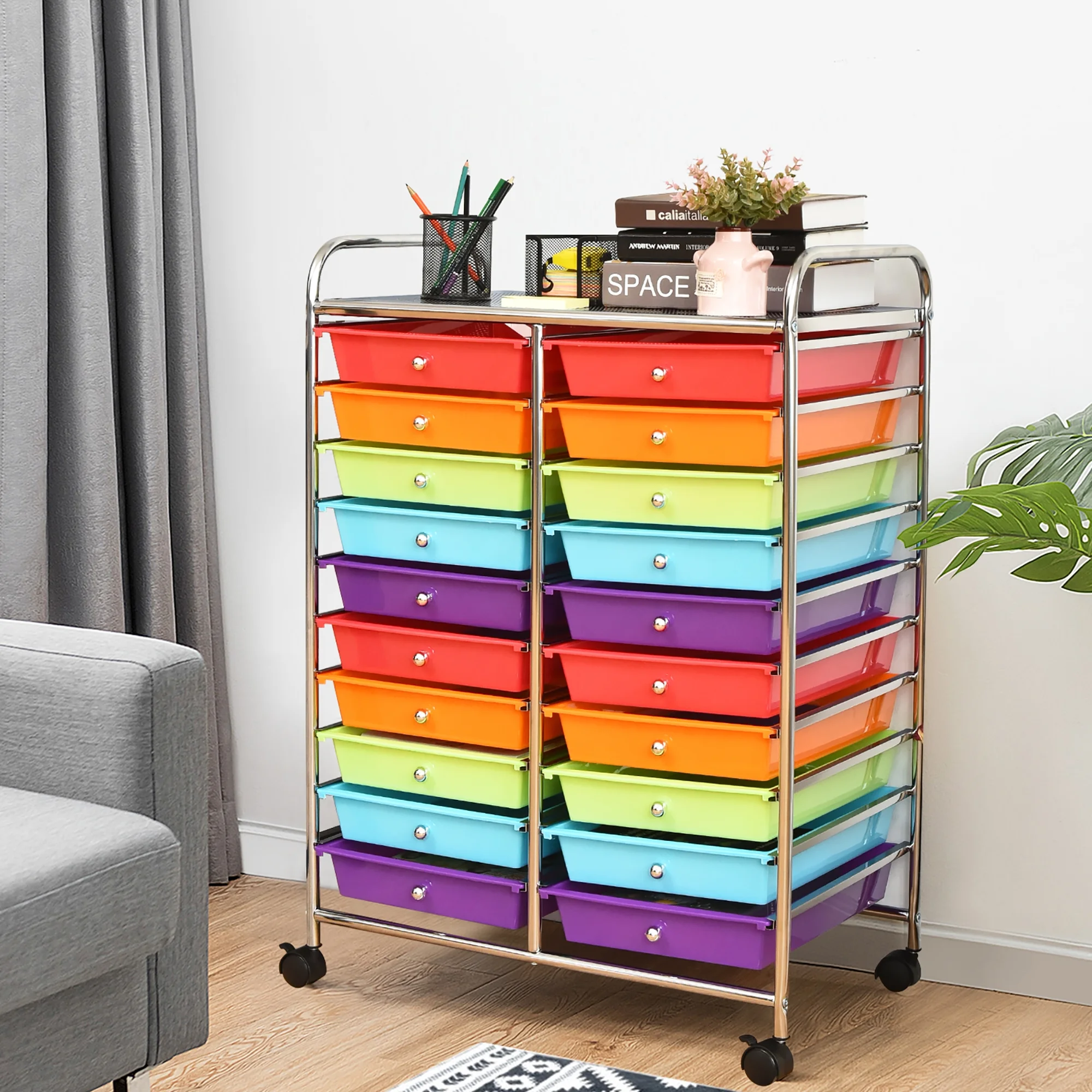 Costway 20 Drawer Rolling Storage Cart Tools Scrapbook Paper Office School Organizer Yellow - Image 110