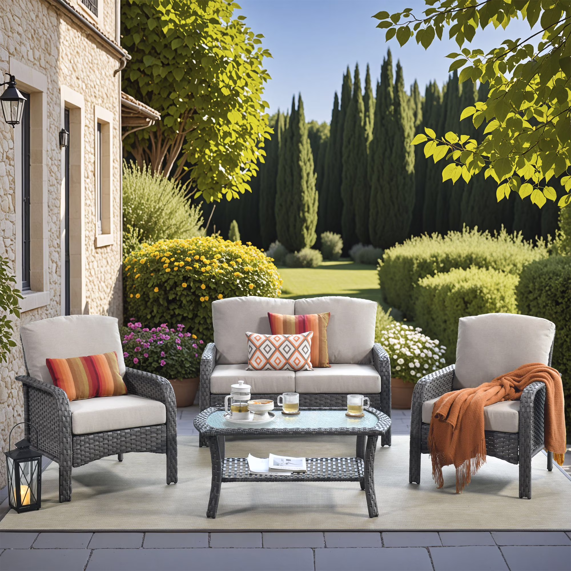 Vcatnet 4 Pieces Outdoor Patio Furniture All-weather Wicker Conversation Set with Coffee Table for Garden,Poolside,Gray - Image 3
