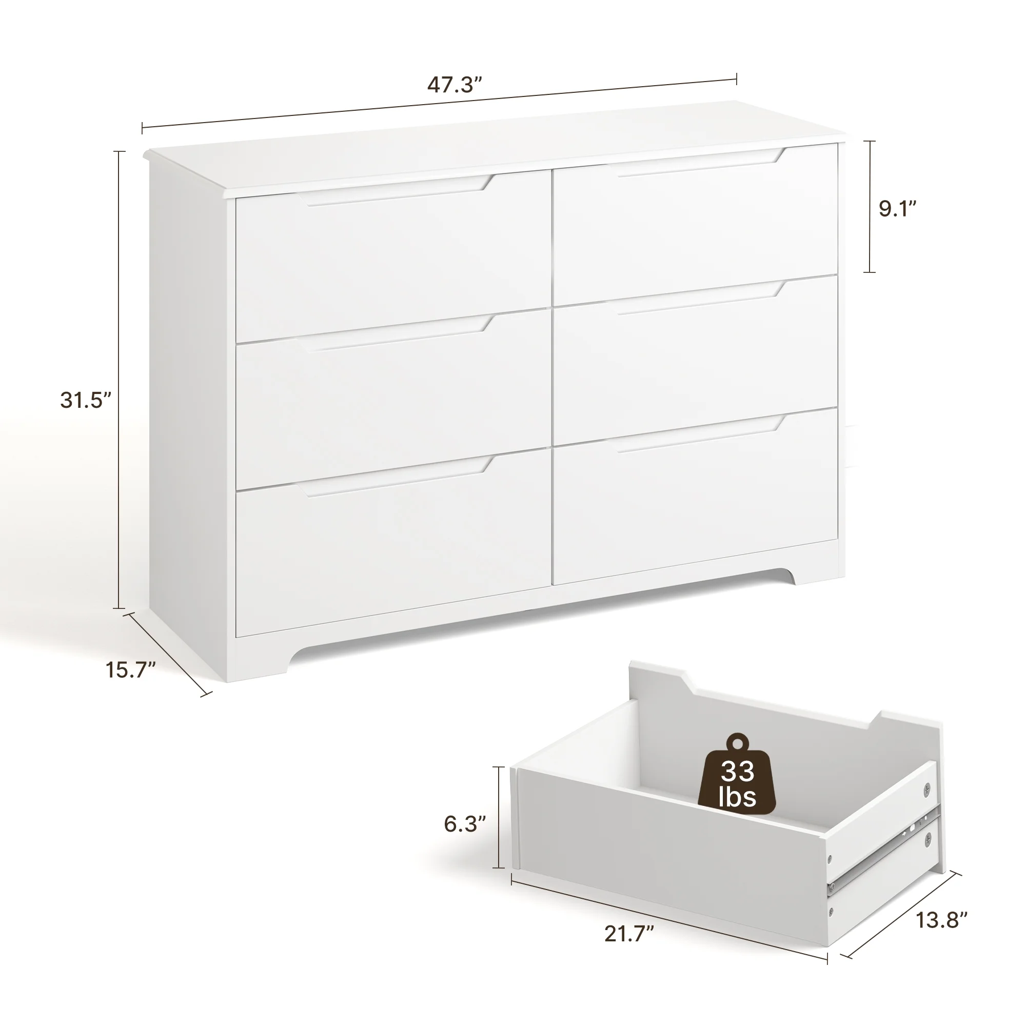 Dresser for Bedroom, Lofka 6 Drawer Double Dresser with Cutout Handles, Large Storage Capacity, Anti-Tip Safety, Modern Wood Chest of Drawers, Smooth Metal Rail, White - Image 4