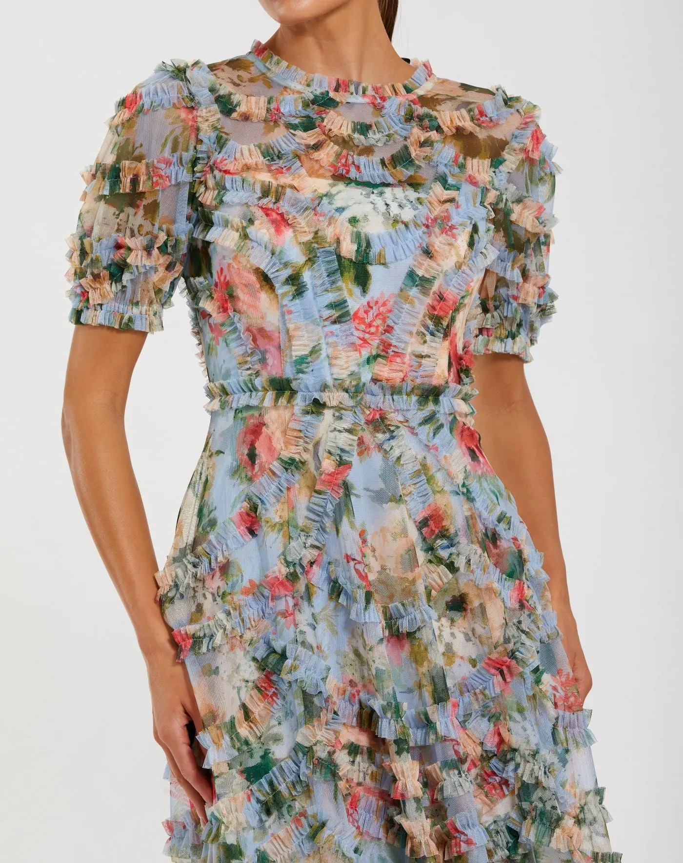 Blue Floral Mesh Ruffle High Neck Midi Dress - Special Events Unlimited