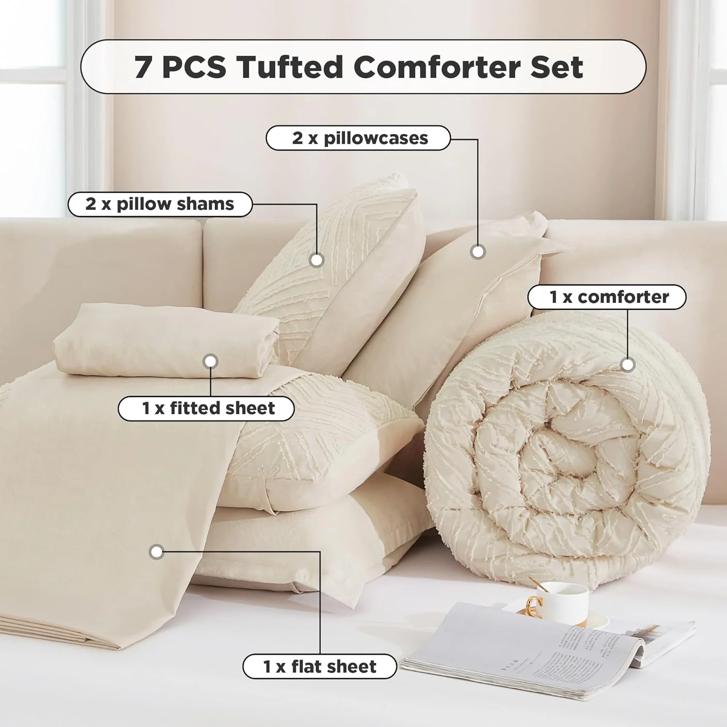 Queen Comforter Set 7 Piece Dark Emerald Green - Bed in a Bag Queen Boho Lightweight Fluffy Tufted Bedding Sets with Comforter, Sheets, Pillowcases & Shams - Image 33