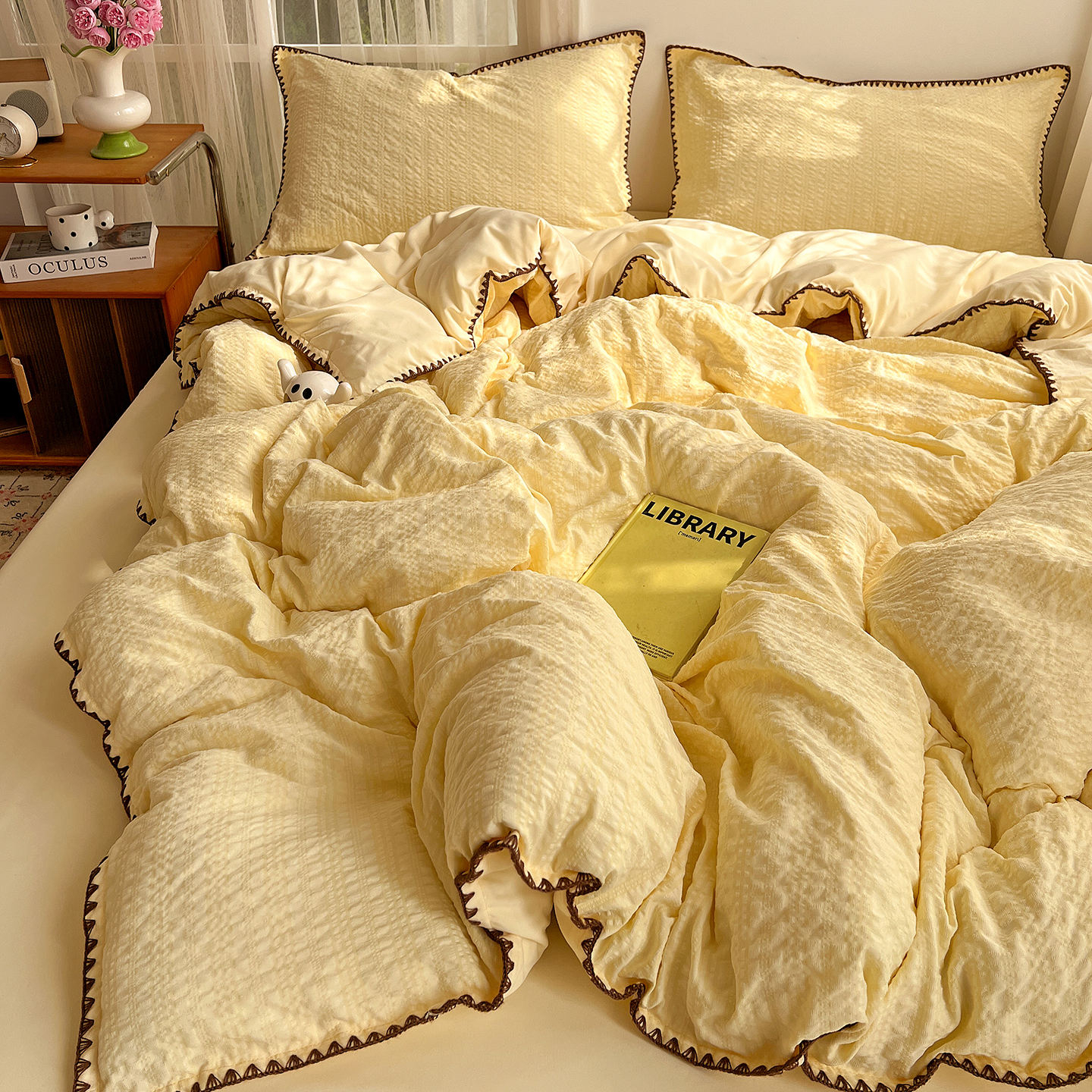 Summer Washed Cotton Bedding Set Soft Durable Breathable Embroidery Edge Bedding Set Suitable for All Home Hotel