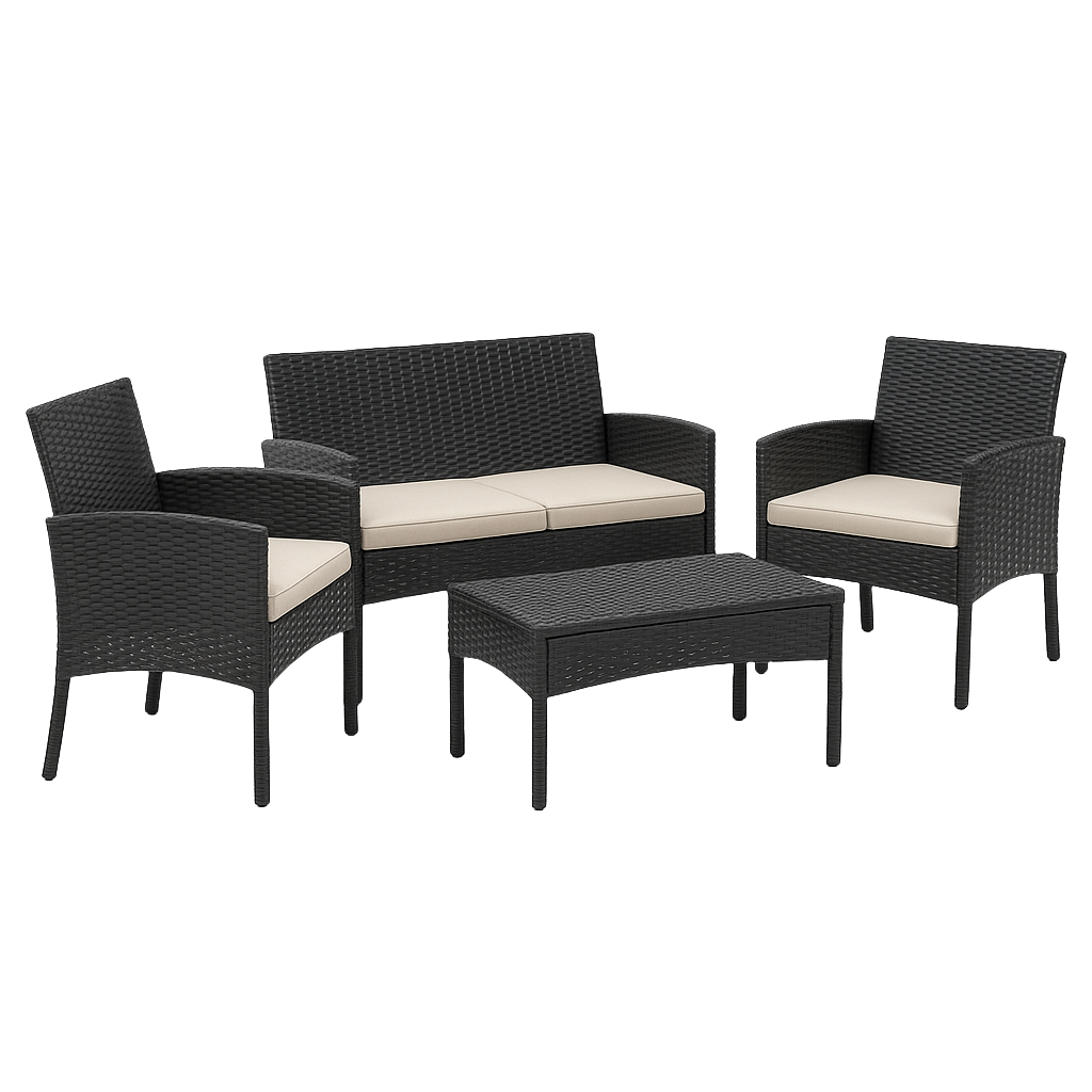 Conjunto de jardín exterior de ratán negro para patio y jardín, 4 plazas