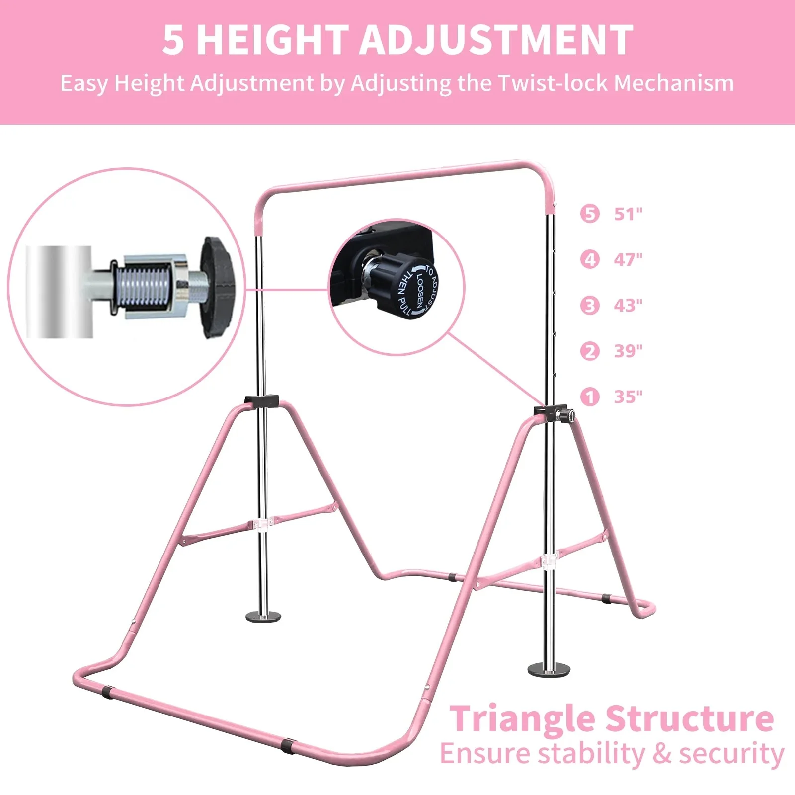 Expandable Gymnastics Bar For Kids, Folding, Height Adjustable 35-51 in, Pink - Image 3 Expandable Gymnastics Bar For Kids, Folding, Height Adjustable 35-51 in, Pink - Image 3