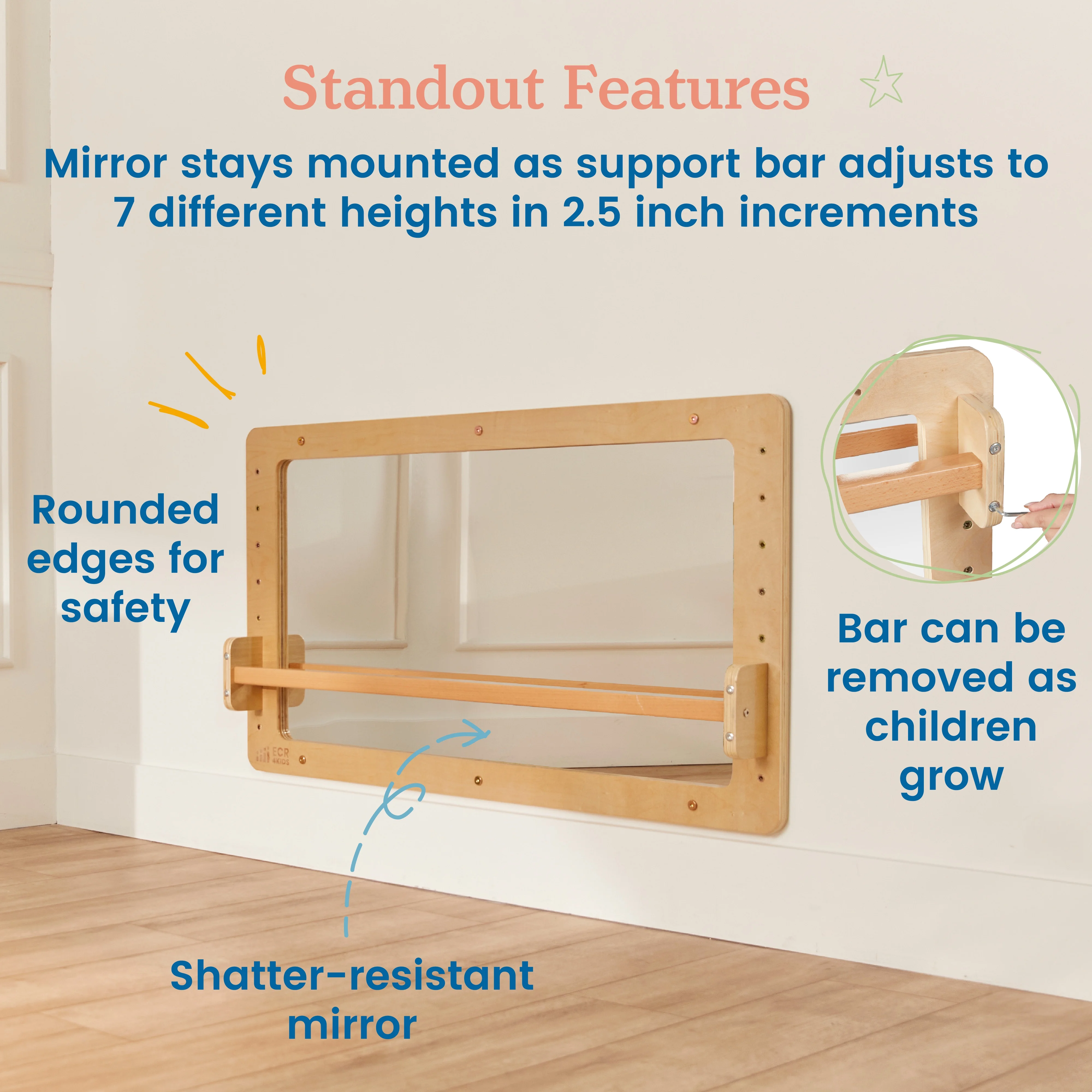 ECR4Kids Wall-Mounted Coordination Mirror, Natural - Image 8