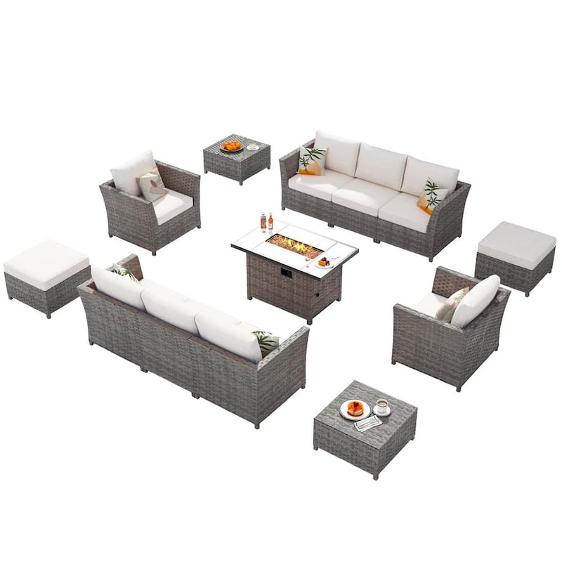Conjunto de Sofá de 13 Piezas en Ratán Gris con Mesa de Fuego Rectangular, Cojines Beige de Rayas Finas PINPAI ki1407703