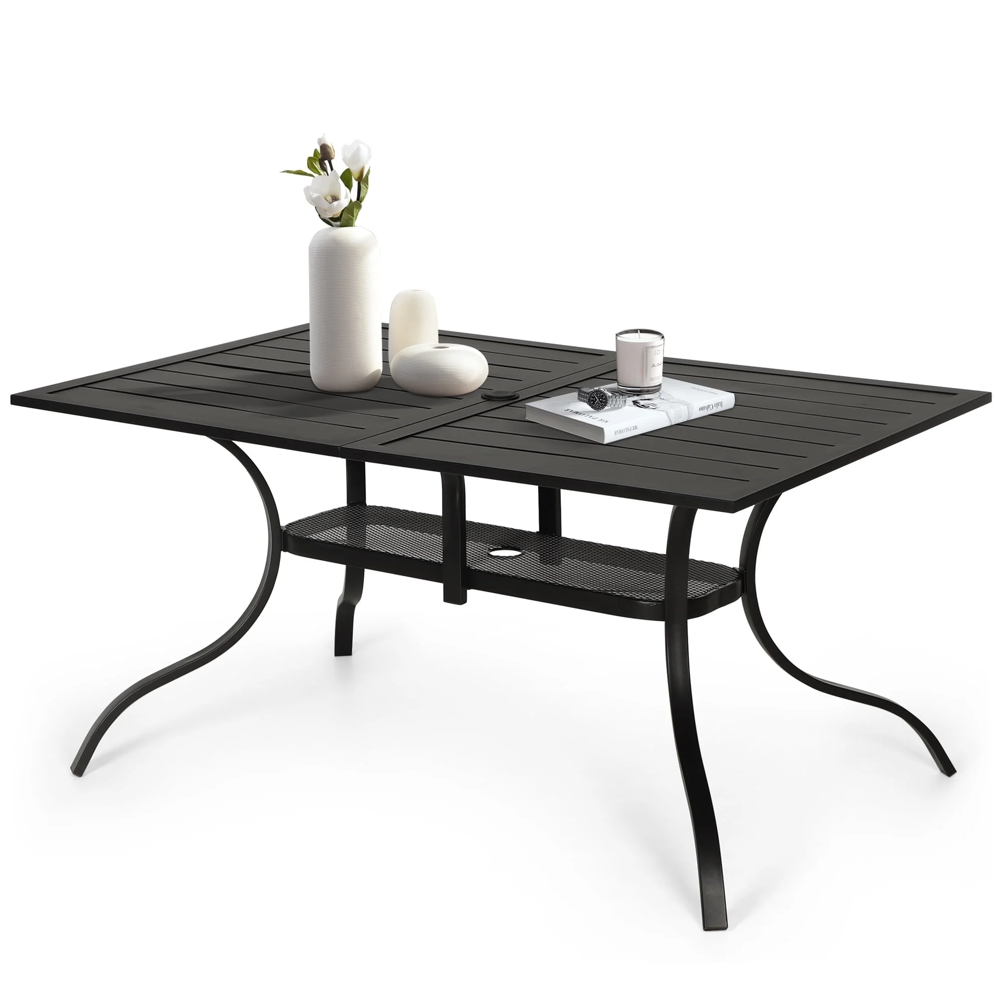 SOLAURA Outdoor Patio Dining Rectangle Metal Table for 6-Person with Umbrella Hole, Black - Image 2