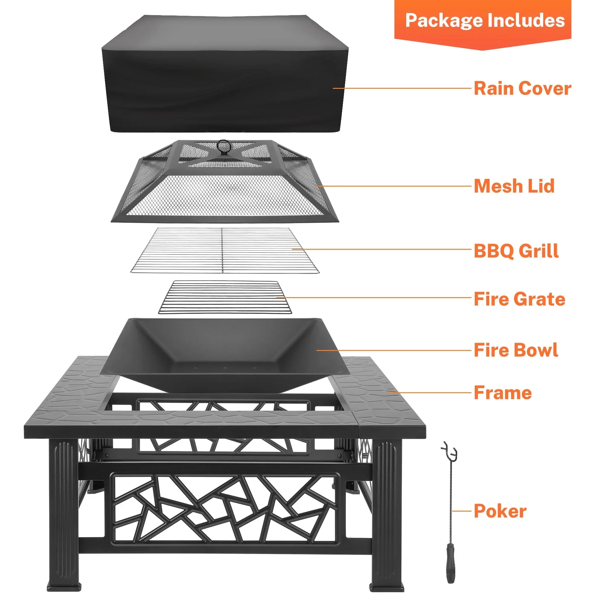 32" Fire Pits for Outside, SYNGAR Wood Burning Bonfire Fire Pit Table with Mesh Lid, Grate, BBQ Grill and Poker, Outdoor Metal Square Fire Pit for BBQ, Camping, Picnics, Backyard - Image 6