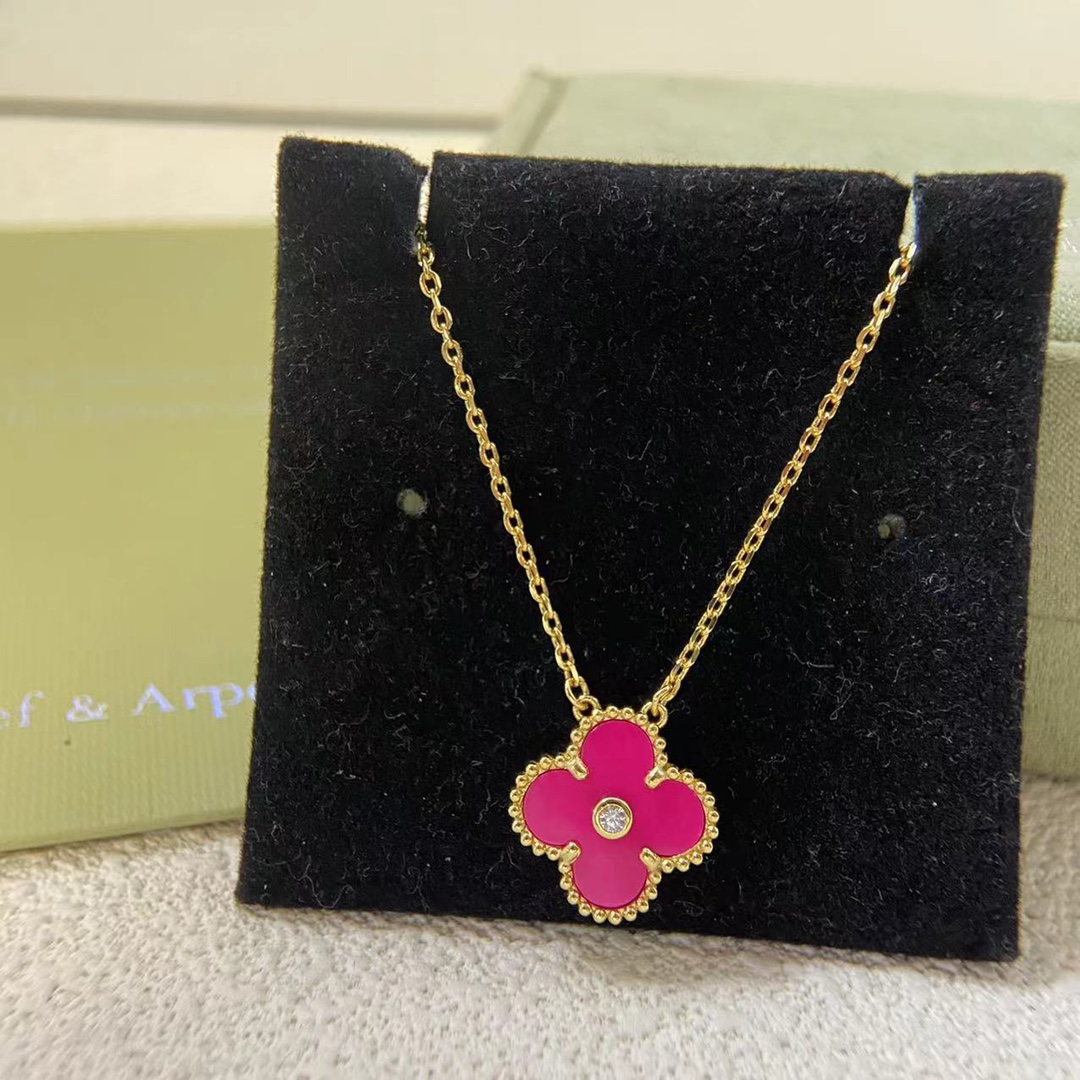 VCA Diamond Rose Red Vintage Alhambra Pendant Necklace - Original Replica Club