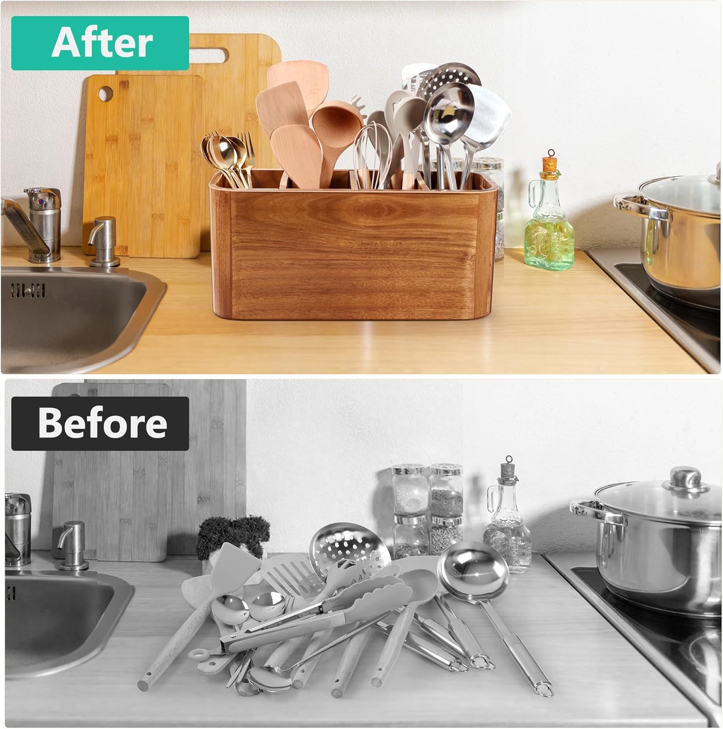 Wooden Utensil Holder for Kitchen Counter, Large Utensil Organizer for Storage Cooking & Silverware with 4 Compartment, Acacia Rustic Wood with Diatomaceous Earth Base Matte