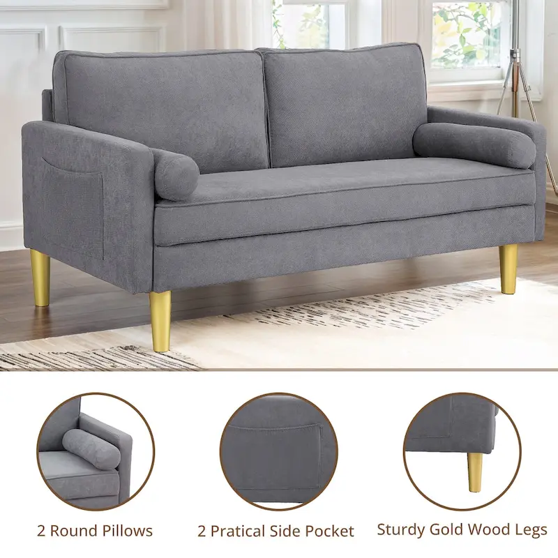Elegant 65-Inch Orange Polyester 2-Seater Loveseat with Side Pockets and Round Cushions