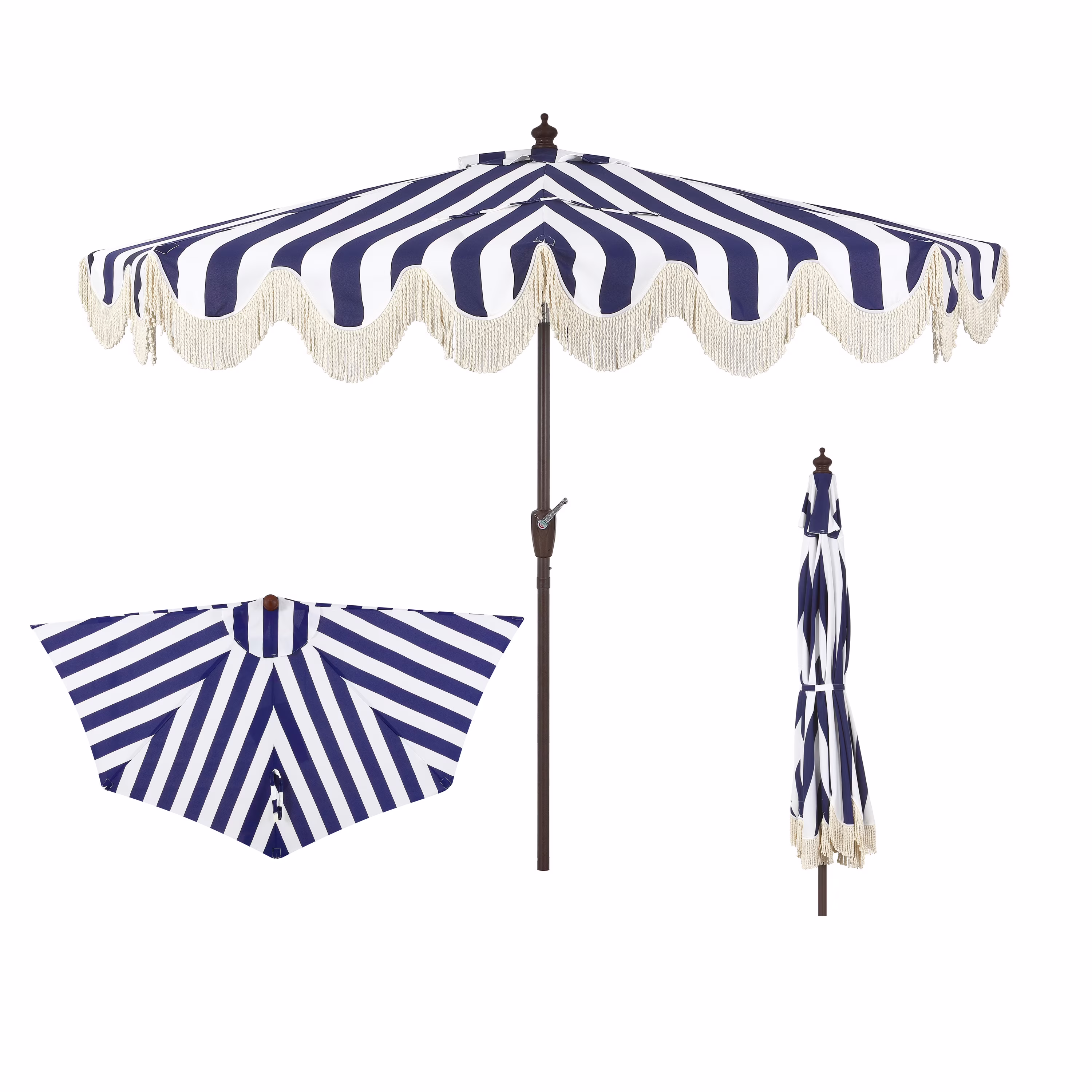 JONATHAN Y Beverly 9 ft. Half Market Patio Umbrella, Designer Classic Scalloped Fringe with Crank, Tilt Button and UV Protection, Blue/White/Cream, Dark Brown Pole - Image 11