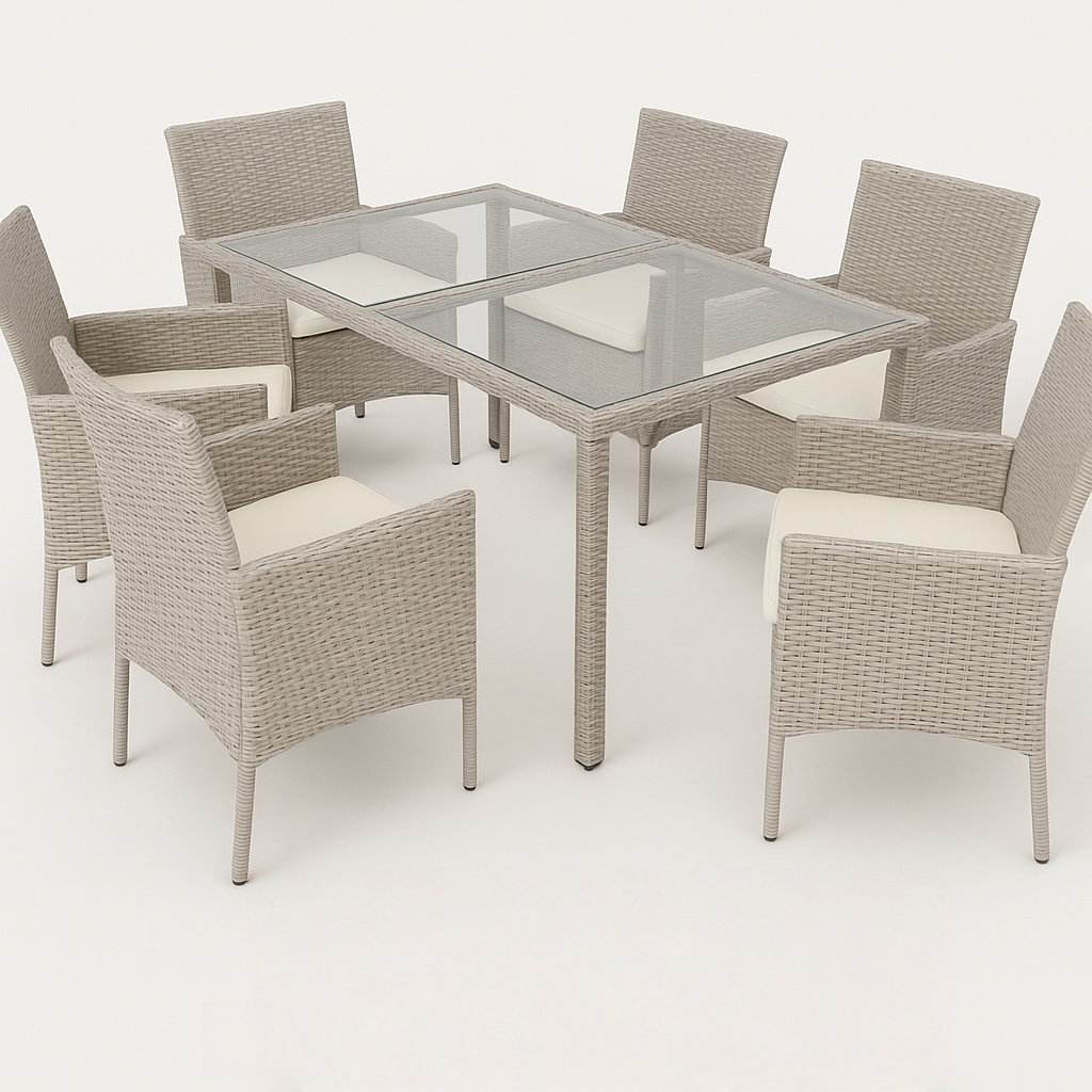 Conjunto de Jardín Mesa con Vidrio y 6 Sillas Beige Ratán Sintético Exterior