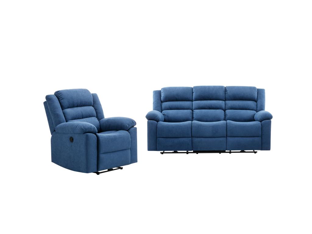 Sofá de 3 plazas y sillón reclinable eléctrico de tela azul BUROLO