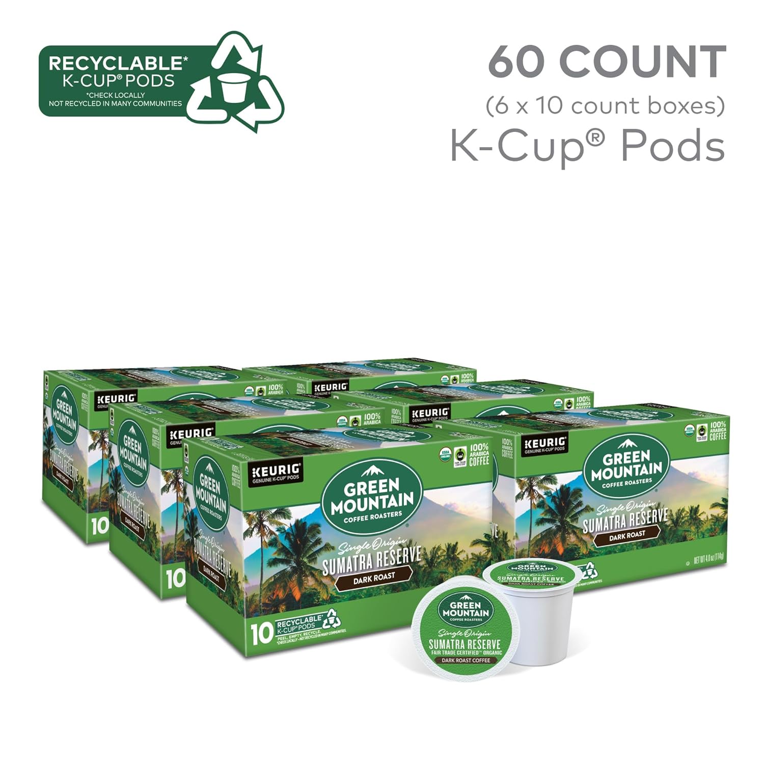 Green Mountain Coffee Roasters Sumatra Reserve. Keurig Single Serve K-Cup Pods. Dark Roast Coffee. 60 Count. (6 Packs of 10)