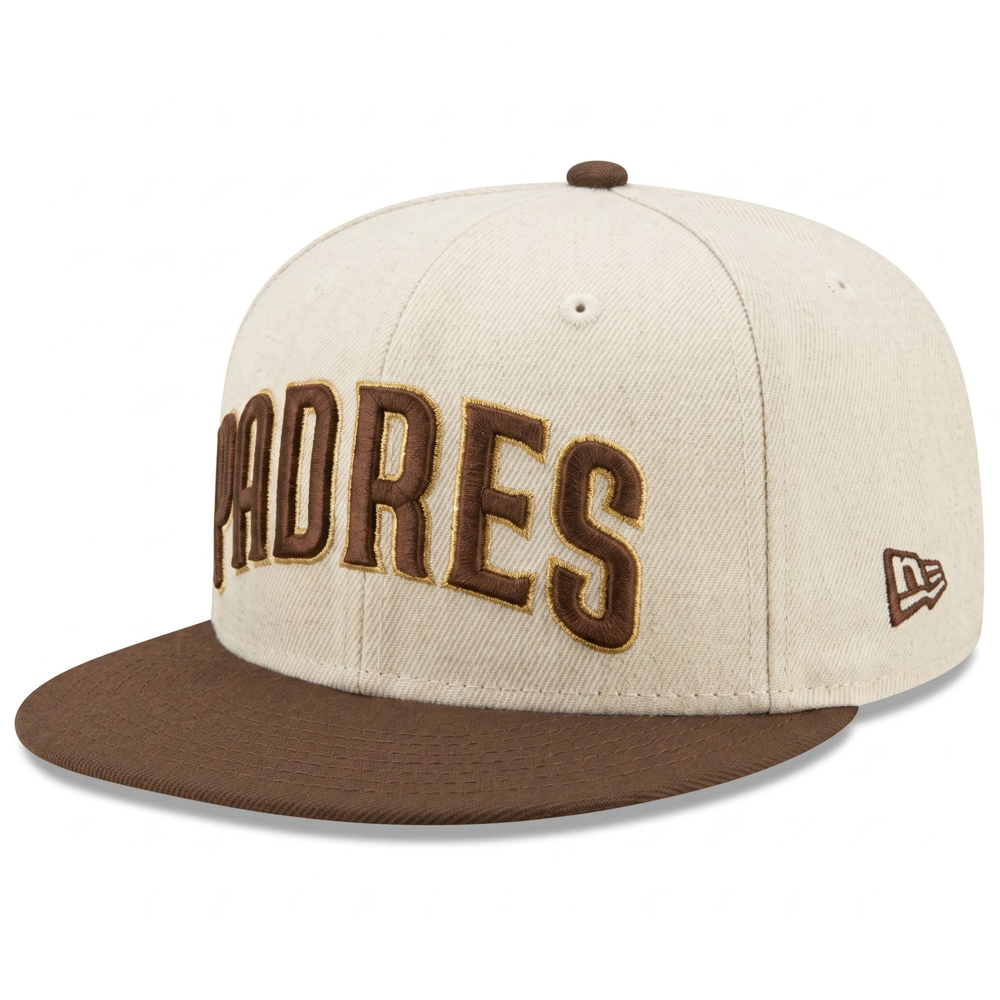 Front view of cream and brown San Diego Padres 59FIFTY Hat featuring embroidered PADRES wordmark logo.
