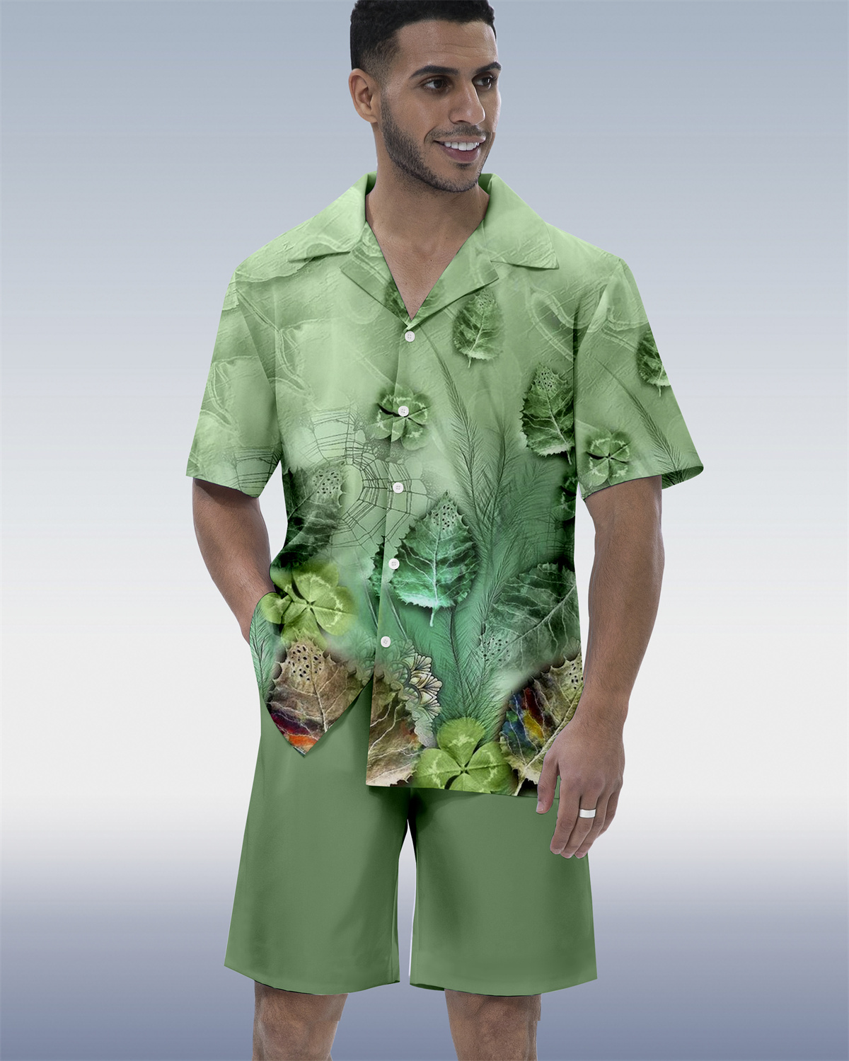 Men's Ombre Contrast Ethnic Print Hawaiian Vacation Short Sleeve Suit 072