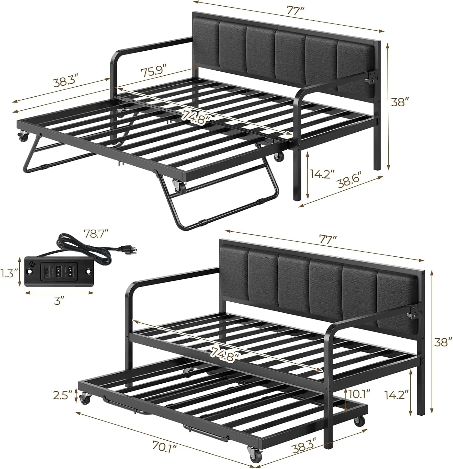 Rolanstar Daybed with Charging Station and LED Lights Height Adjustable Twin Daybed