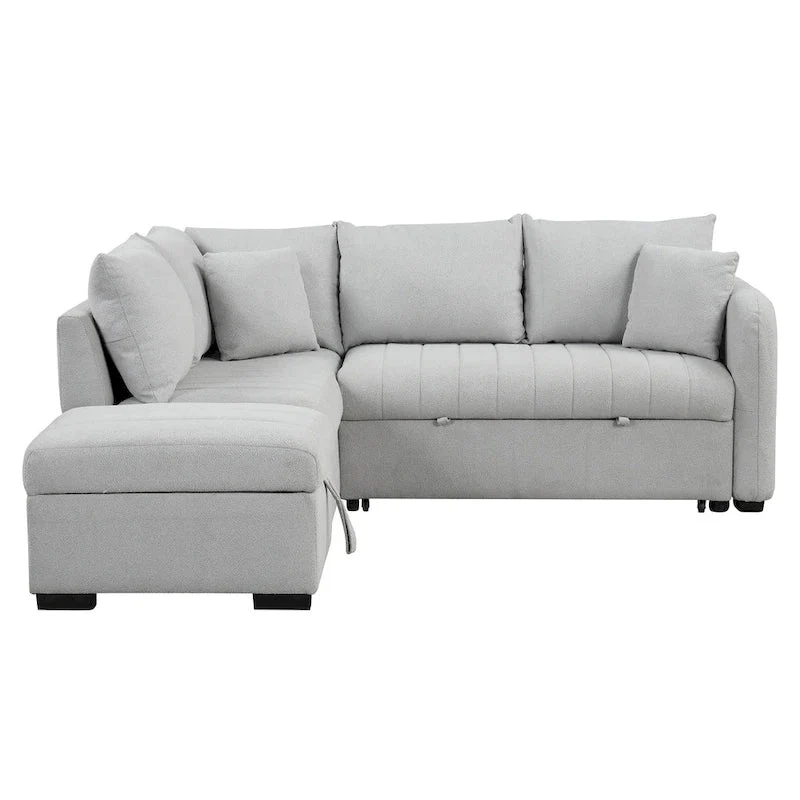 82.6" L-Shaped Sectional Sofa Bed with Pull-Out Feature, USB Ports, Power Sockets, and Movable Storage Ottoman - Bei