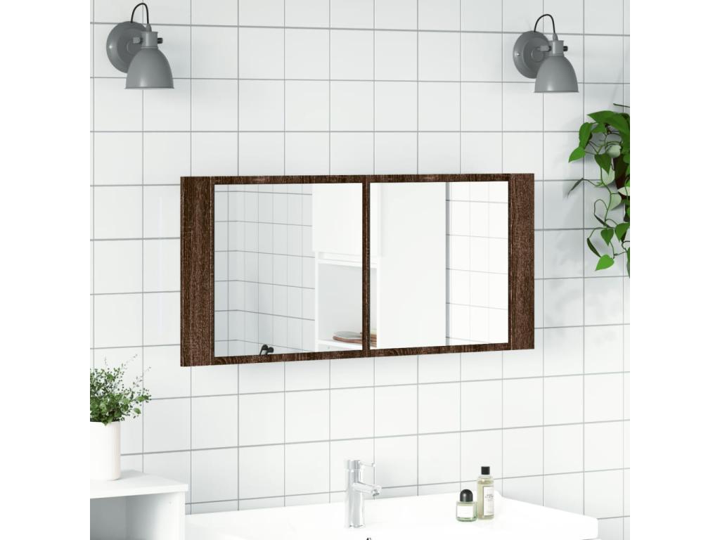 Armario de baño con espejo y luz LED marrón roble 100x12x45 cm