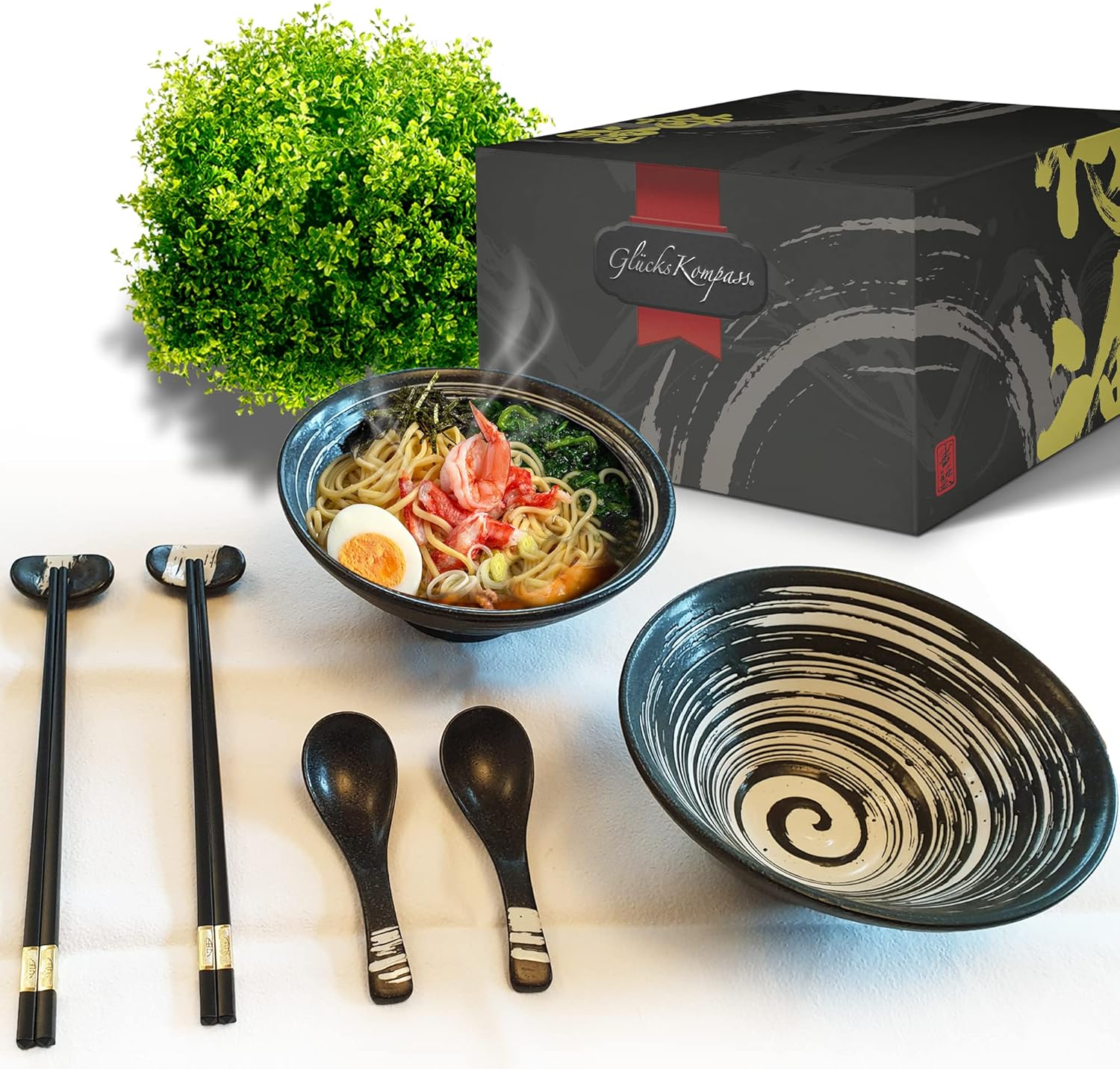 Japanese Ramen Bowl Set (8 pcs, ceramic) with chopsticks, spoons, large 8 inches diameter, 32 oz (1 quart) | microwavable | Pho Bowls Noodle Soup Bowl Asian Rice Bowl