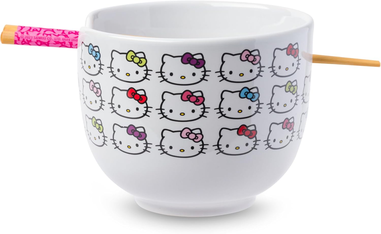 Silver Buffalo Sanrio Hello Kitty Face with Different Color Bows Pattern Ceramic Ramen Noodle Rice Bowl with Chopsticks, Microwave Safe, 20 Ounces