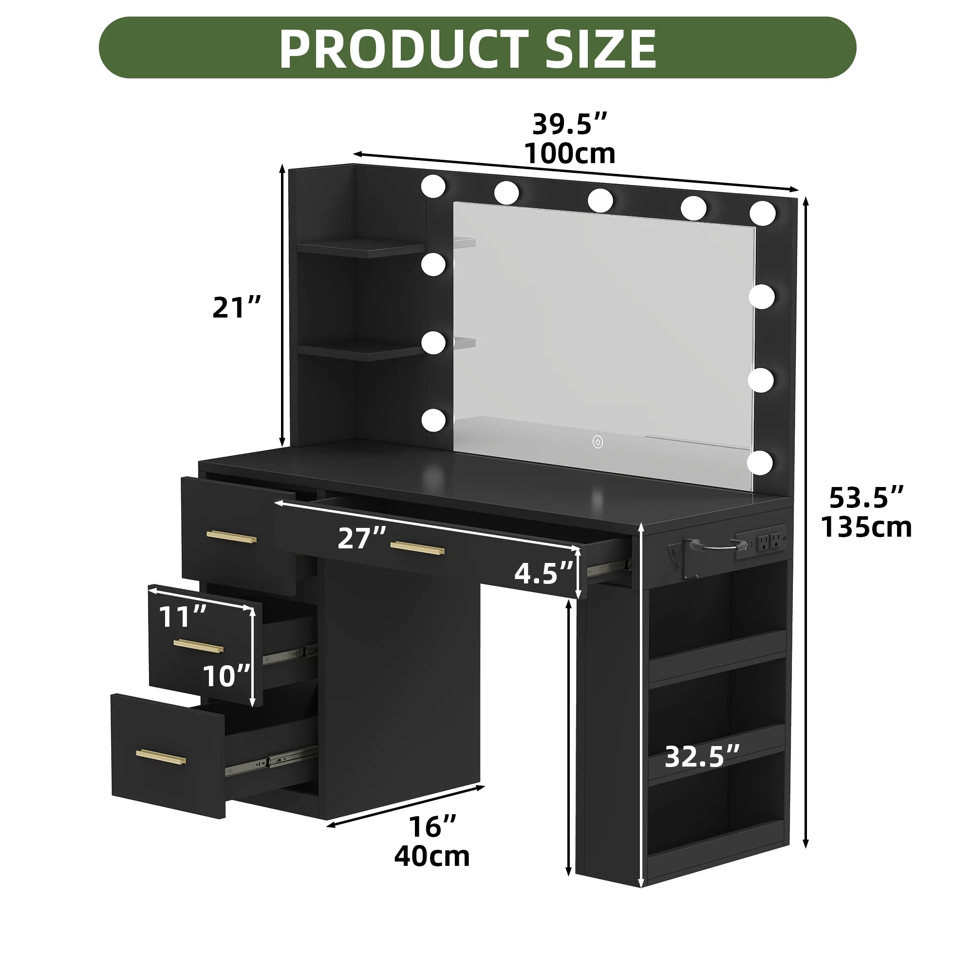 Uforic Makeup Vanity Desk with Mirror & Lights, Vanity Desk with 4 Drawers & Storage Shelves - White - Image 14
