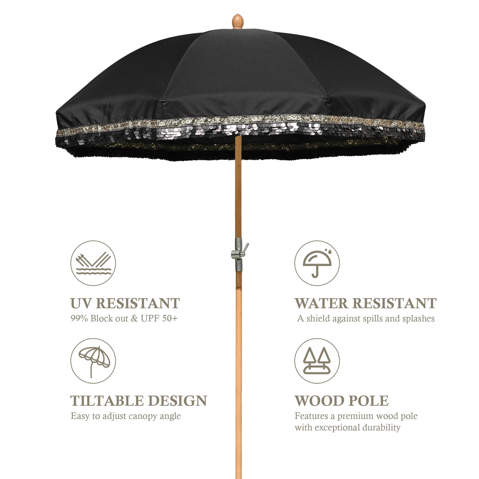 LAGarden 6 Ft Fringe Patio Umbrella with Tassel Jazz Age Wood UPF50+ for Outdoor, Beige with gold tassel,Model: JZ6-01 - Image 15