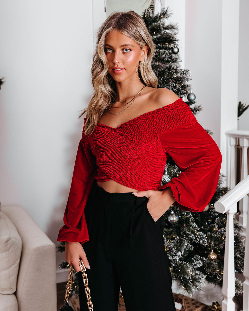 Party Perfection Smocked Velvet Crop Top - Red - Se7enfashion