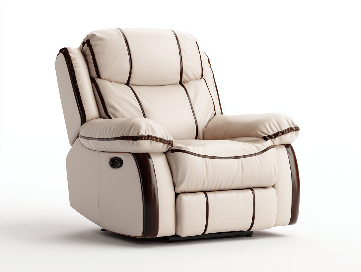 Sillón reclinable eléctrico beige con ribetes marrones – tapizado en cuero sintético – 102×97×104 cm – con cojín de respaldo y asiento