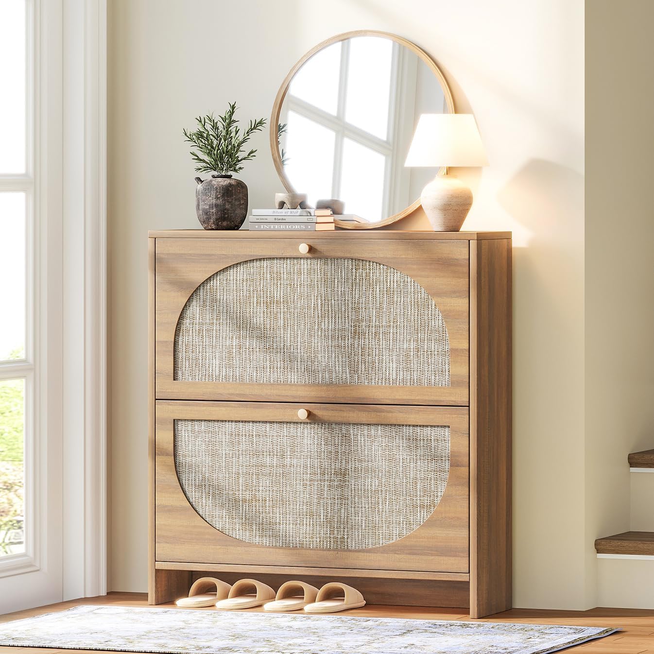 Nicetree Freestanding Ultra Slim Arched Rattan Accent Shoe Storage  Modern Rustic Shoe Rack