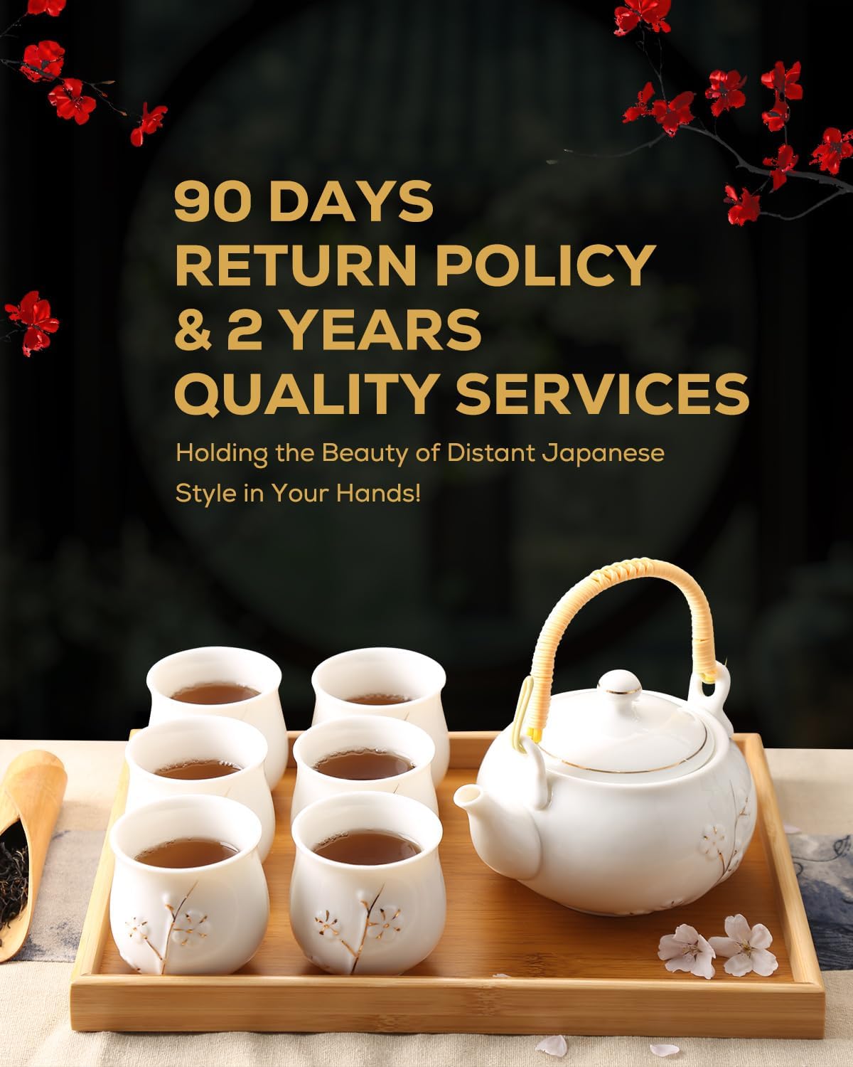 Dujust Japanese White Porcelain Tea Set - Teapot, 6 Tea Cups, Tray & Stainless Infuser - Plum in Golden