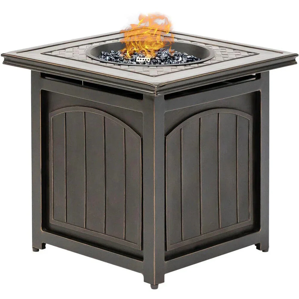 2025 5-Piece Steel Patio Fire Pit Conversation Set with Navy Blue Cushions, Swivel Gliders and Square Fire Pit Table