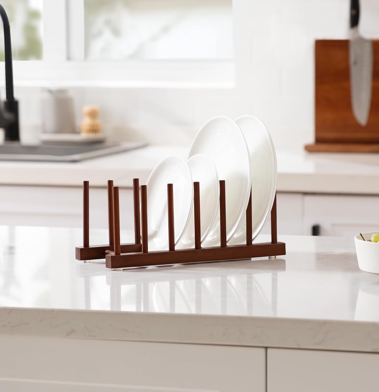HBlife 6 Slots Teak Dish Plate Bowl Cup Book Pot Lid Cutting Board Drying Rack Stand Drainer Storage Holder Organizer Kitchen Cabinet（Keep Dry）