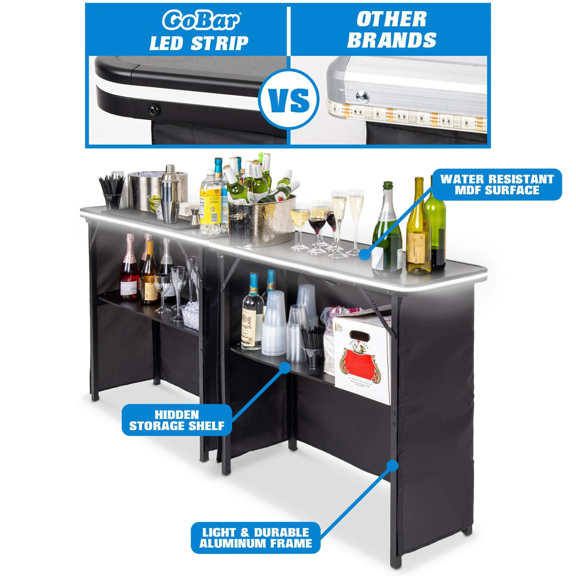 GoBar Portable Double Bar Table Set with Multi-Color LED Lights - Mobile Bartender Station for Events - Includes Carrying Case - Image 6