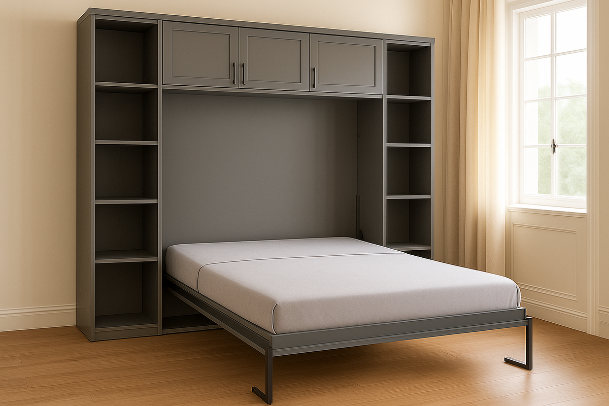 Cama Abatible con Estanterías Integradas Madera Gris Diseño Funcional Espacio Reducido