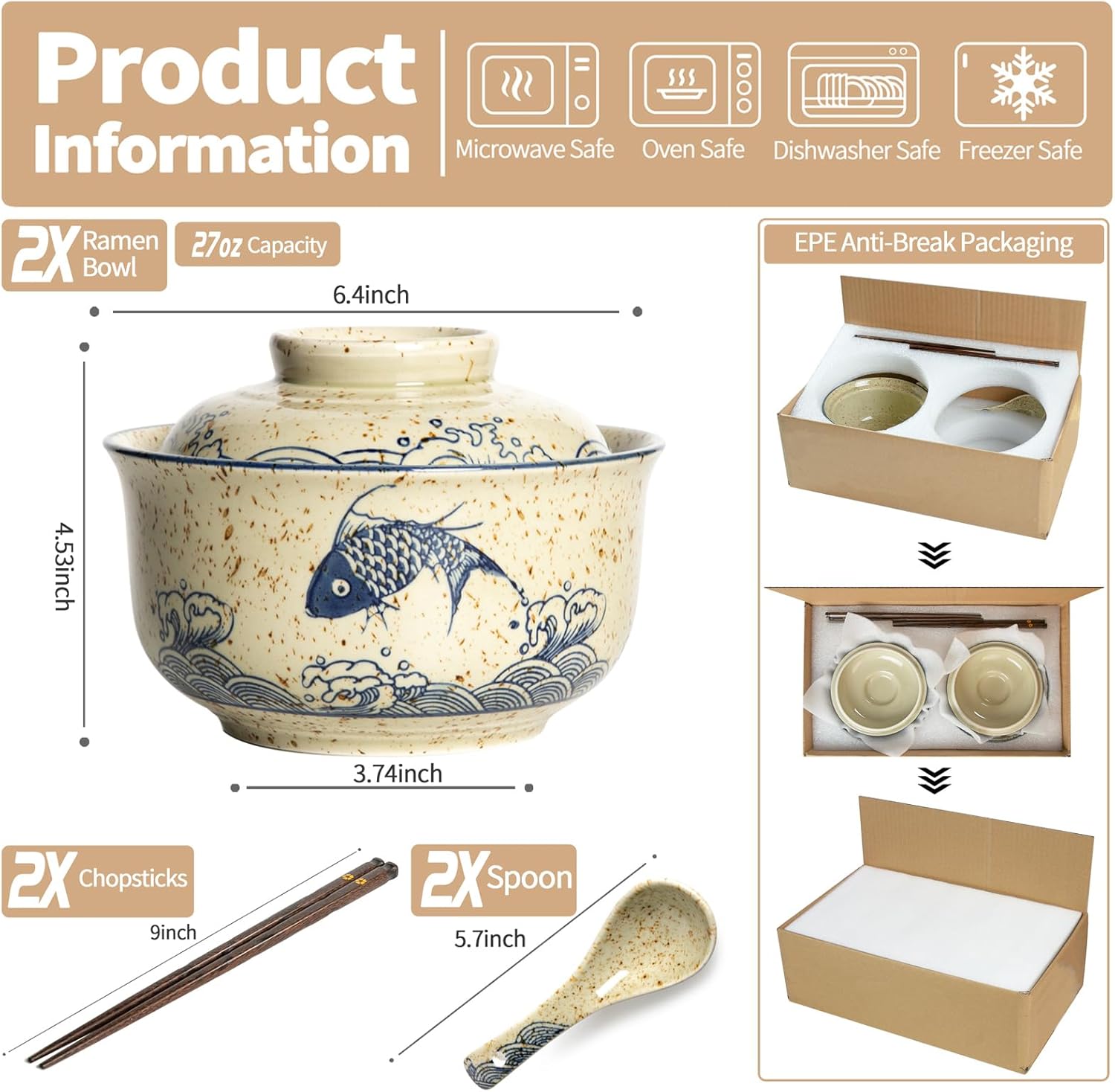 Ceramic Ramen Bowl Set of 2, Ramen Noodle Bowl with Lid 27oz Japanese Retro Style Soup, Pho, Udon Bowls, Matching Spoons and Chopsticks for Microwave & Dishwasher Safe, Fish